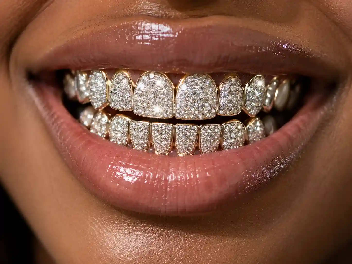 Close-up of custom diamond style dental grillz